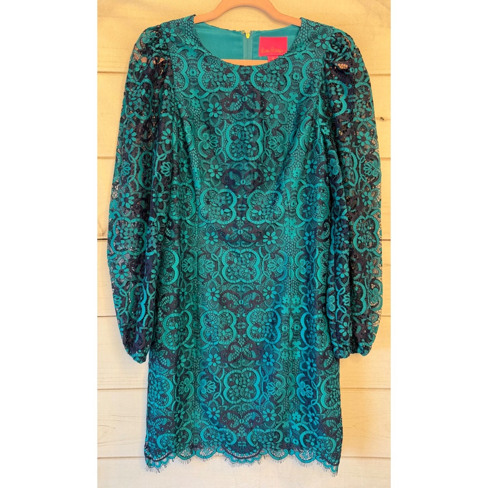 Lilly Pulitzer Teal Navy Blue Floral Lace Puff Sleeve Shift Dress Size 8